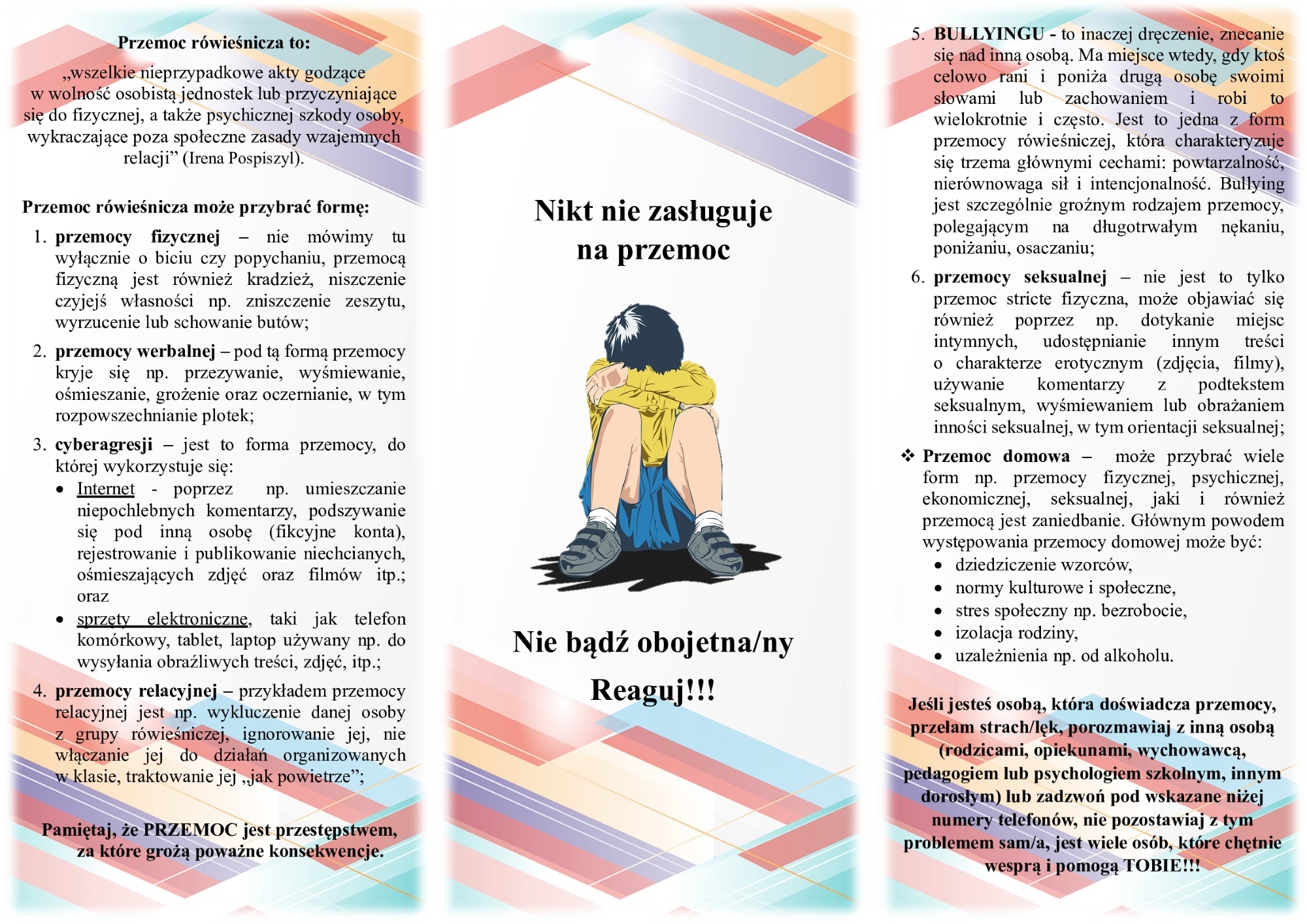Grafika przedstawia ulotkę dotyczącą informacji na temat przeciwdziałania przemocy rówieśniczej – cześć 2.jpg