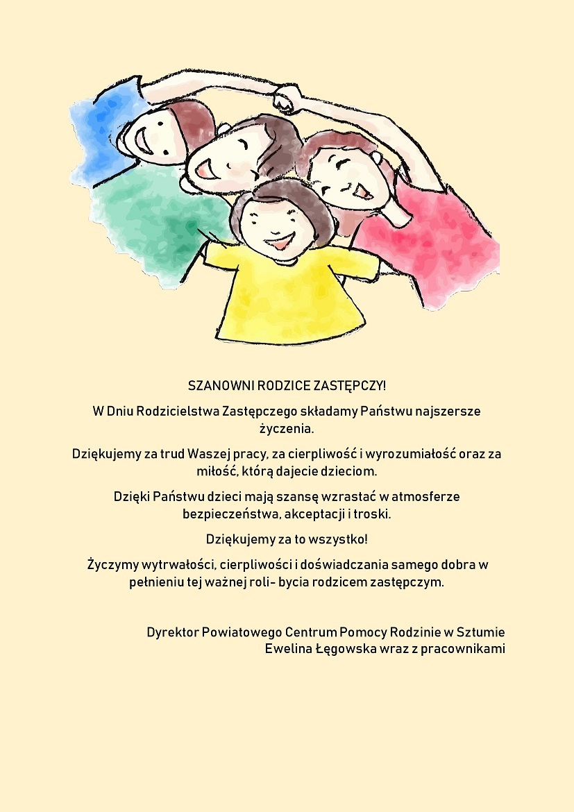 grafika przedstawiająca plakat z życzeniami dla rodzin zastępczych w związku z przypadającym 30 maja Dniem Rodzicielstwa Zastępczego