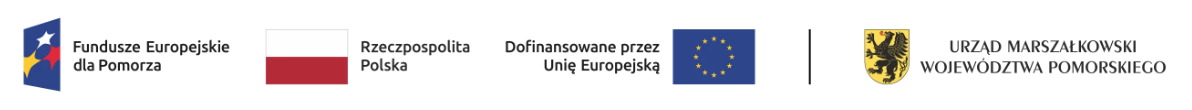 Grafika przedstawia od lewej logo Funduszy Europejskich z dopiskiem Fundusze Europejskie dla Pomorza następnie flagę Rzeczypospolitej Polskiej flagę Unii Europejskiej z dopiskiem Dofinansowane przez Unię Europejsk