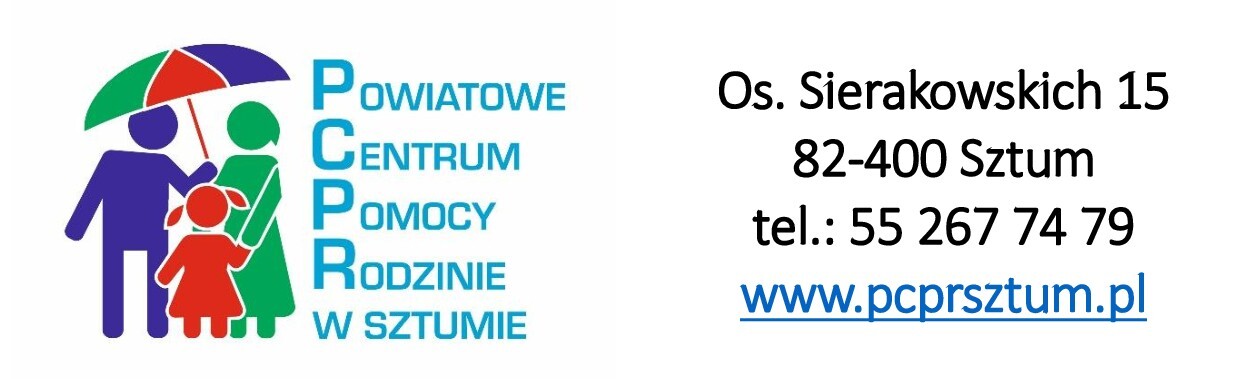 Grafika przedstawia logo oraz dane teleadresowe Powiatowego Centrum Pomocy Rodzinie w Sztumie