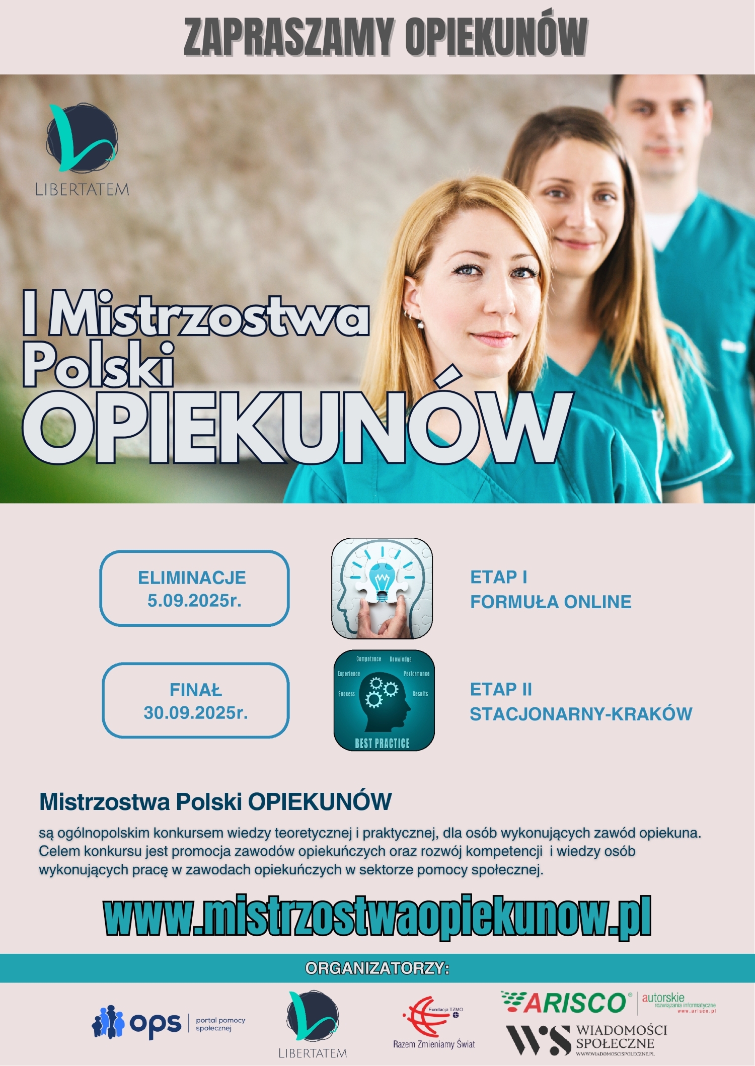 Grafika przedstawia plakat zapraszający na Pierwsze Mistrzostwa Polski Opiekunów