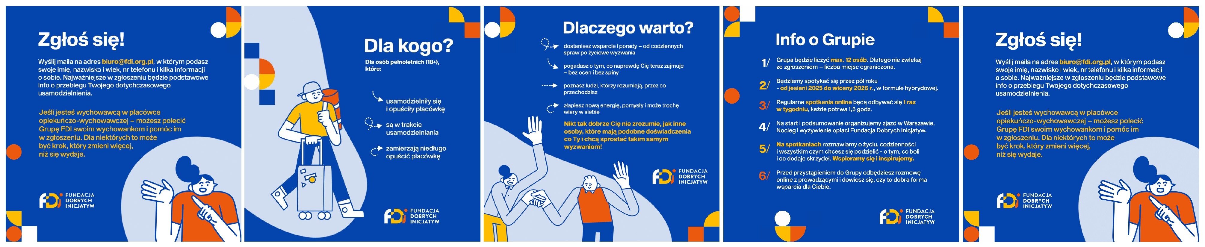 Grafika przedstawia plakaty informacyjne na temat Grupy Wsparcia organizowanej przez Fundację Dobrych Inicjatyw dla pełnoletnich podopiecznych pieczy zastępczejjpg