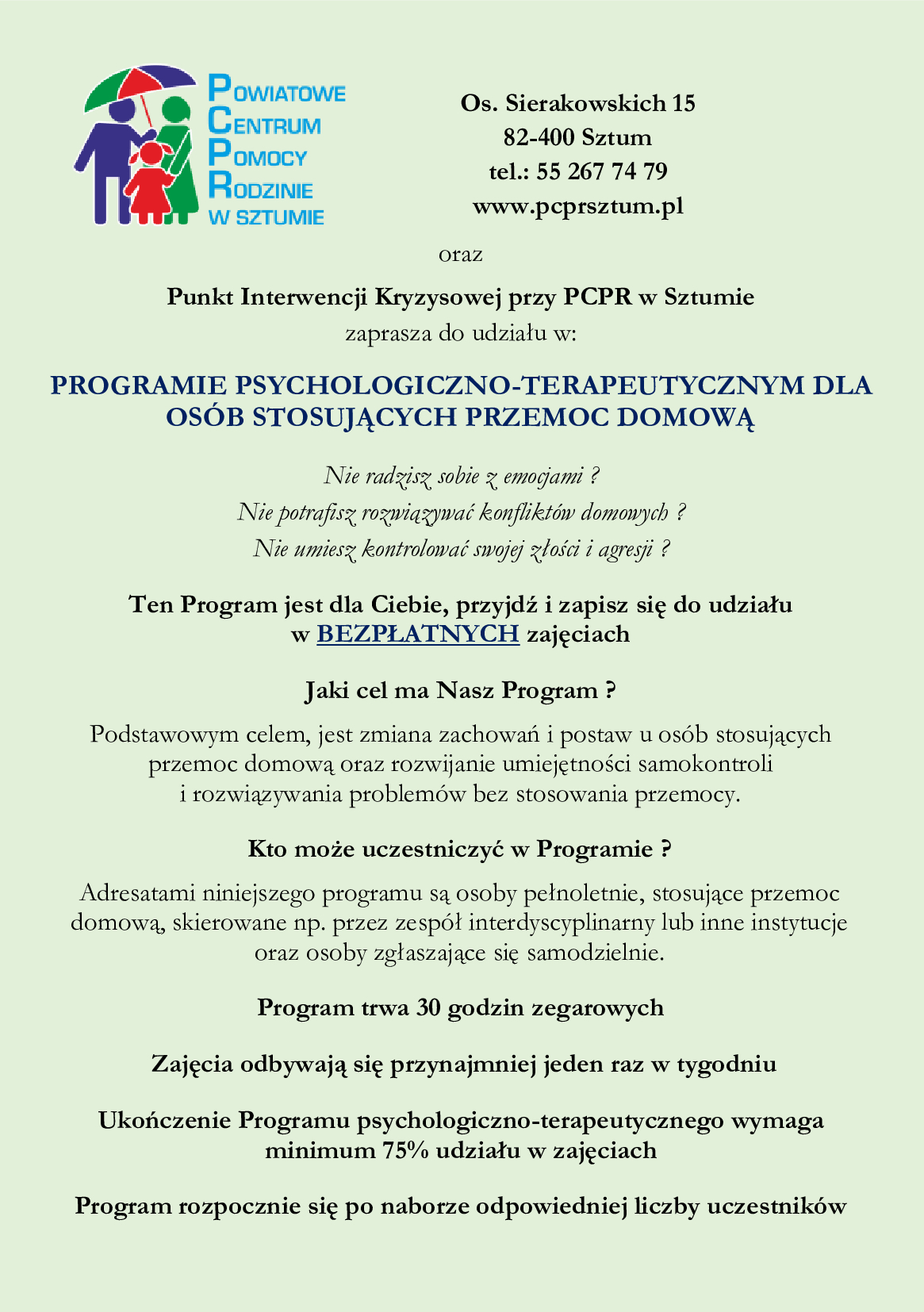 Grafika przedstawia ulotkę informacyjna na temat rekrutacji uczestników do udziału w Programie psychologiczno-terapeutycznym dla osób stosujących przemoc domową 