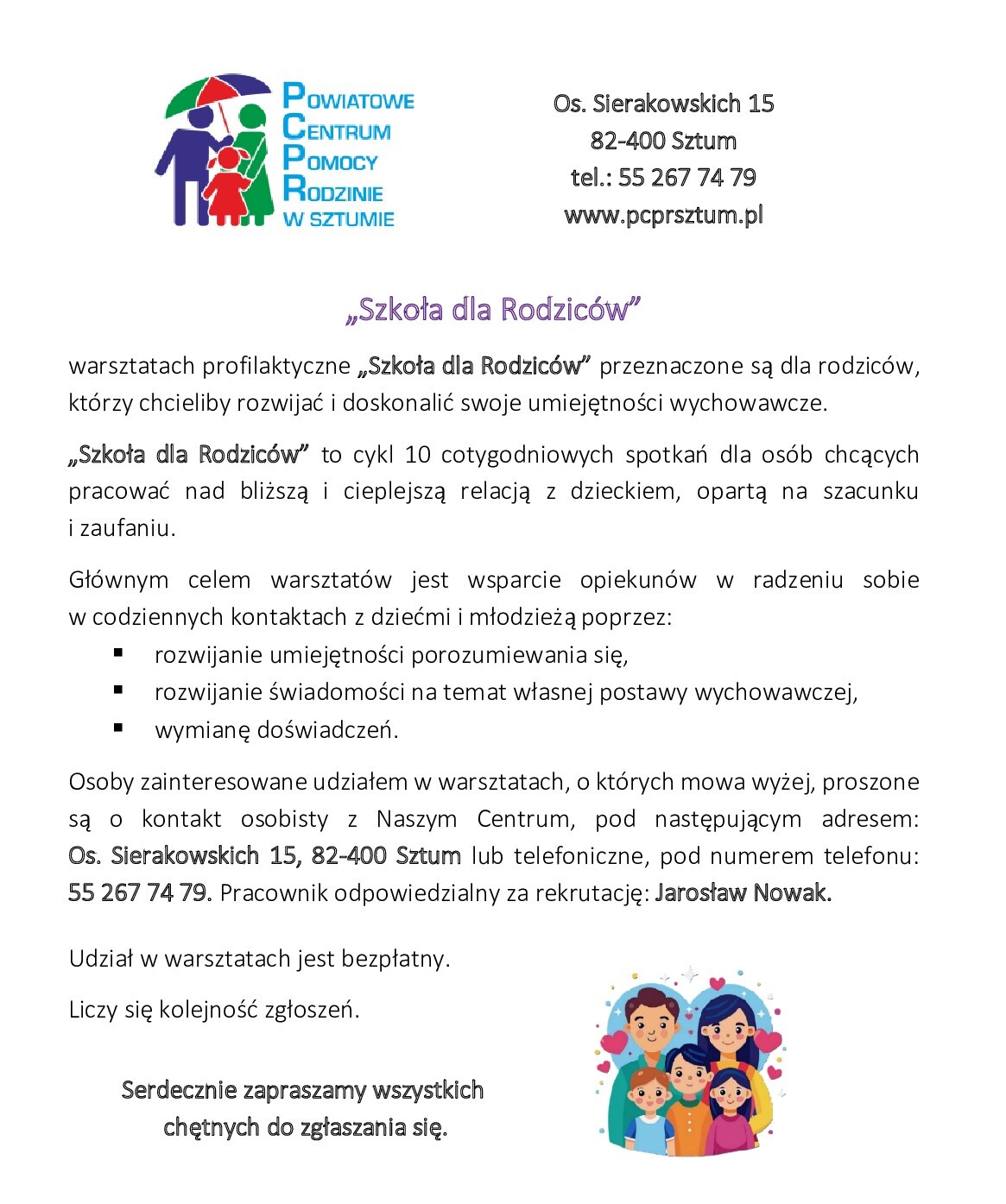 Grafika przedstawia ulotkę zachęcającą do wzięcia udziału w warsztatach profilaktycznych „Szkoła dla Rodziców”.jpg