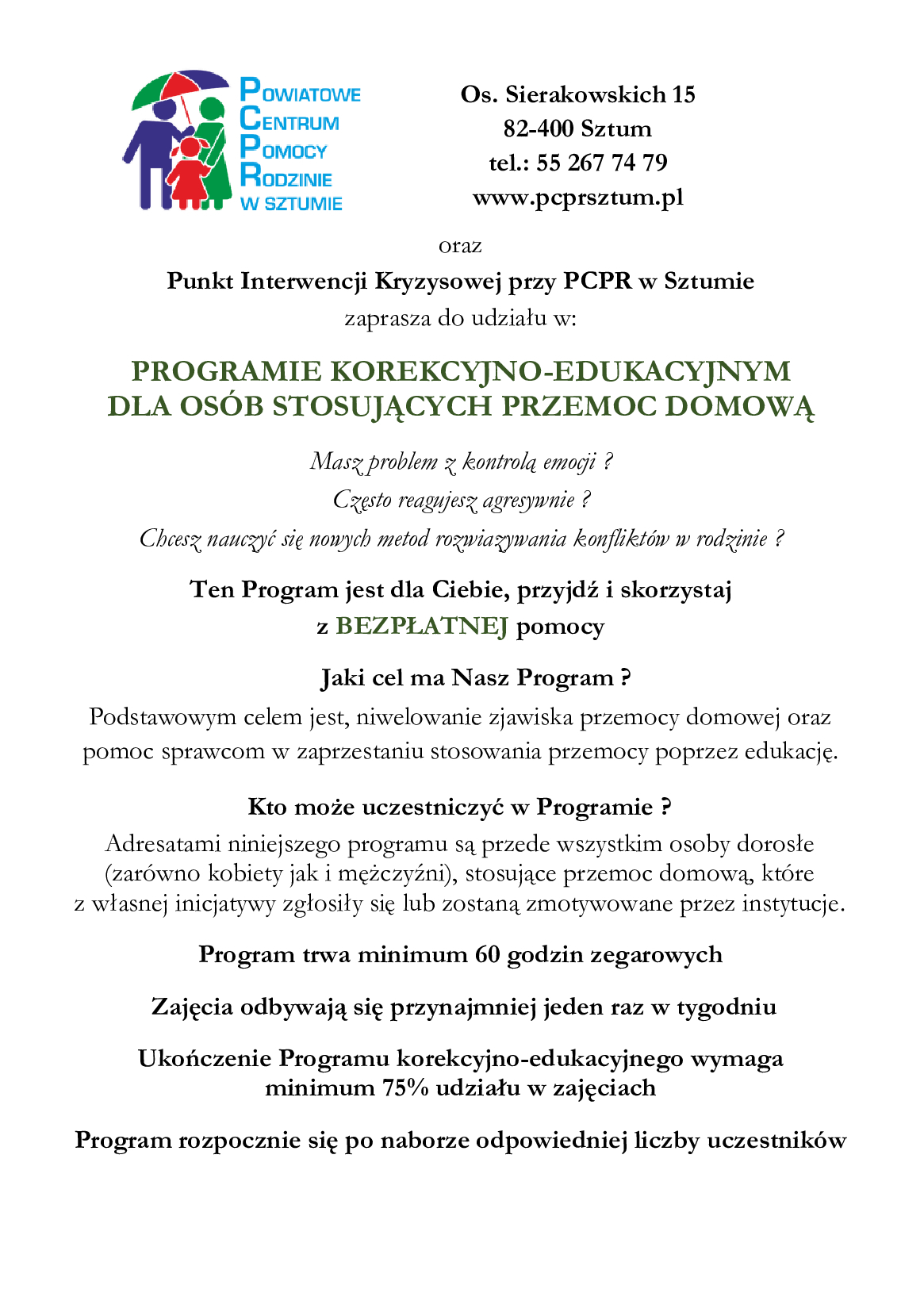 Grafika przedstawia ulotkę zachęcającą do wzięcia udziału w programie korekcyjno-edukacyjnym dla osób stosujących przemoc domową.jpg
