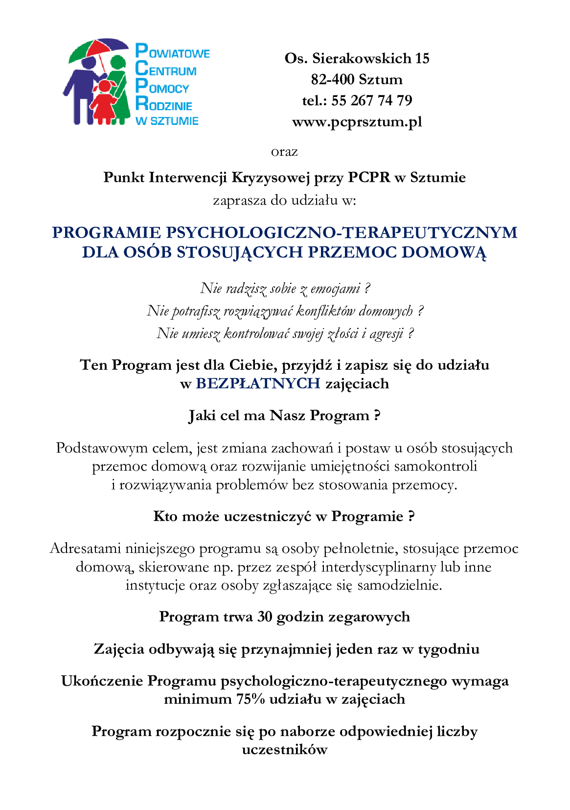 Grafika przedstawia ulotkę zachęcającą do wzięcia udziału w programie psychologiczno-terapeutycznym dla osób stosujących przemoc domową.jpg