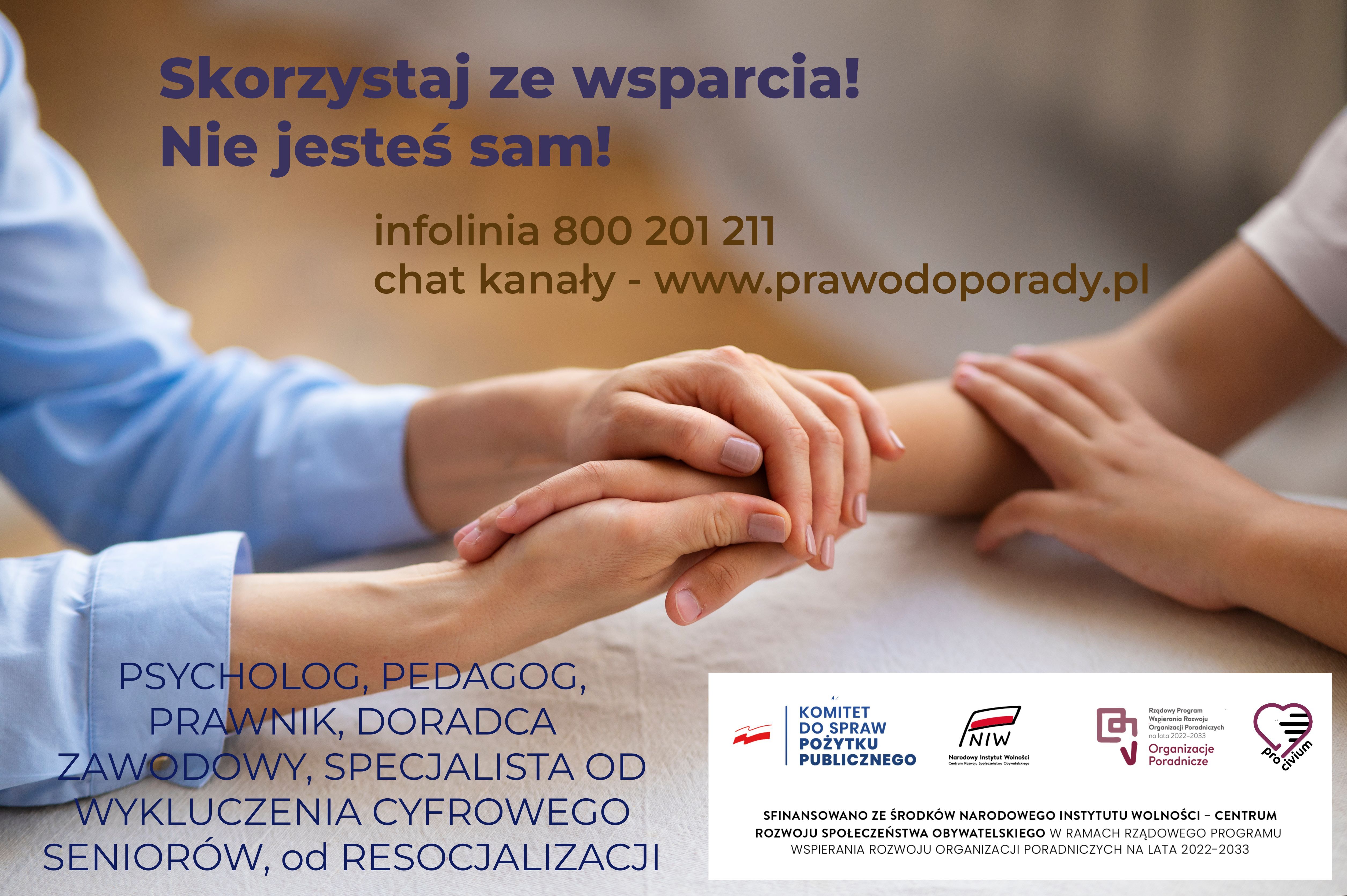 grafika przedstawia plakat na, którym znajdują się informacja o możliwości skorzystania z darmowego poradnictwa